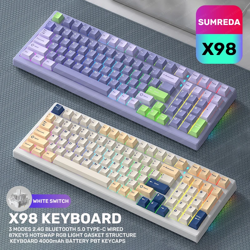 X98 Gaming Wireless Mechanical Keyboard 98Keys HotSwap 2.4G Bluetooth Wired Keyboard Gasket Structure RGB Backlit Gamer Keyboard