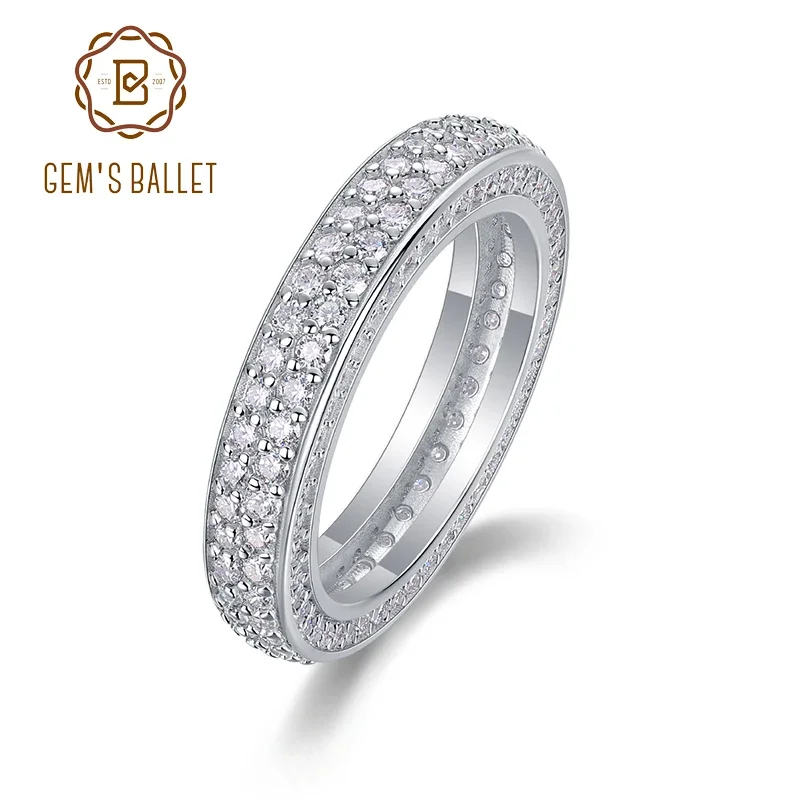 

GEM'S BALLET 925 Sterling Silver Double Row Full Eternity Wedding Ring 2 Row Micro Pavé Moissanite Wedding Band For Women