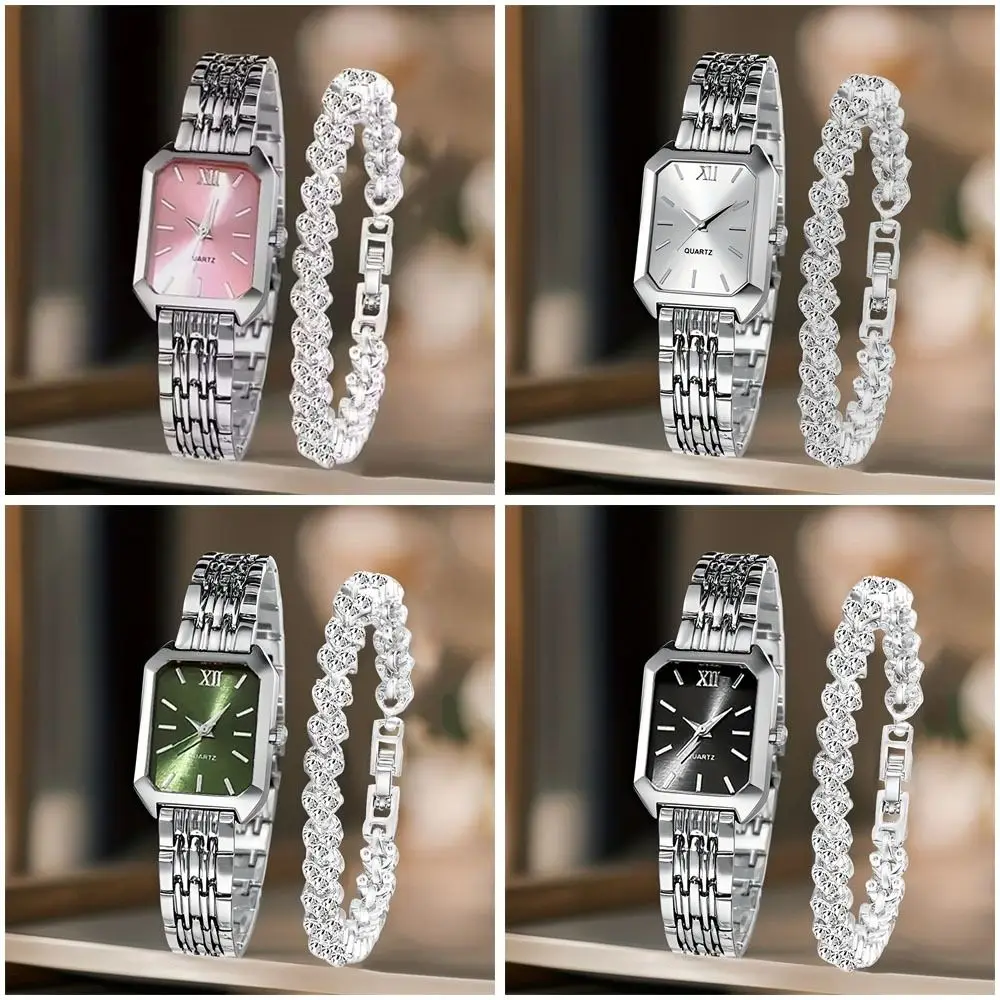 Hot Stainless Steel Wristwatch Bracelet Set Rhinestone Quartz Women Wristwatch Square Folding buckle Quartz Watches Student