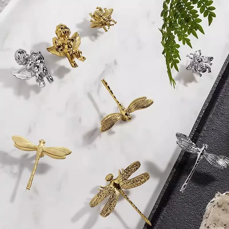 Bright Gold Chrome Angel Cabinet Handles Home Decor Drawer Knobs Creative Wardrobe Dresser Pulls Solid Brass Furniture Hardware
