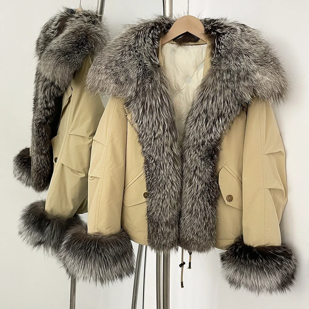 

White Duck Down Reality Fur Coat Women New Fox Fur Collar Autumn Winter Fashion Warm Coat Natural Raccoon Fur Puffer Jacket