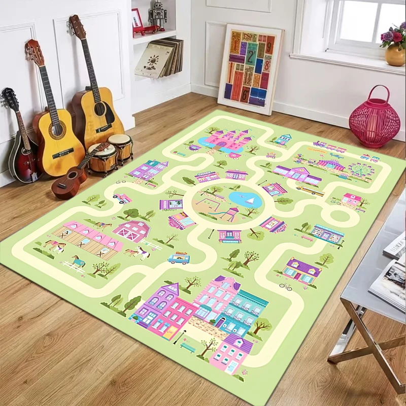 Pink Amusement Park Kids Play Rug, Interactive Town Road Track Carpet, Non-Slip Washable Play Mat for Toddler Bedroom  Carpet