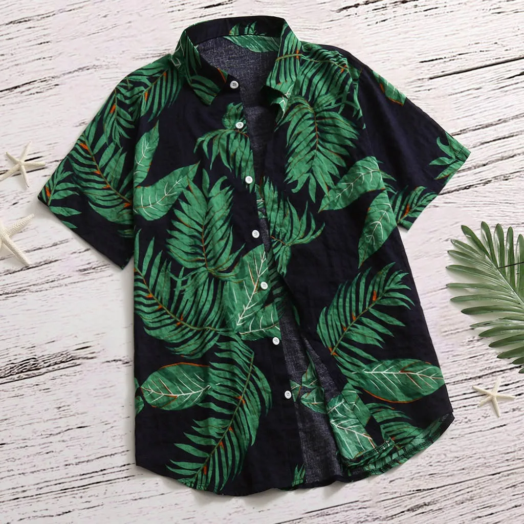 

Men'S Hawaiian Casual Shirts Stylish Tropical Plant Print Short Sleeve Shirts Loose Lapel Button Blouse Summer Aloha Beachwear