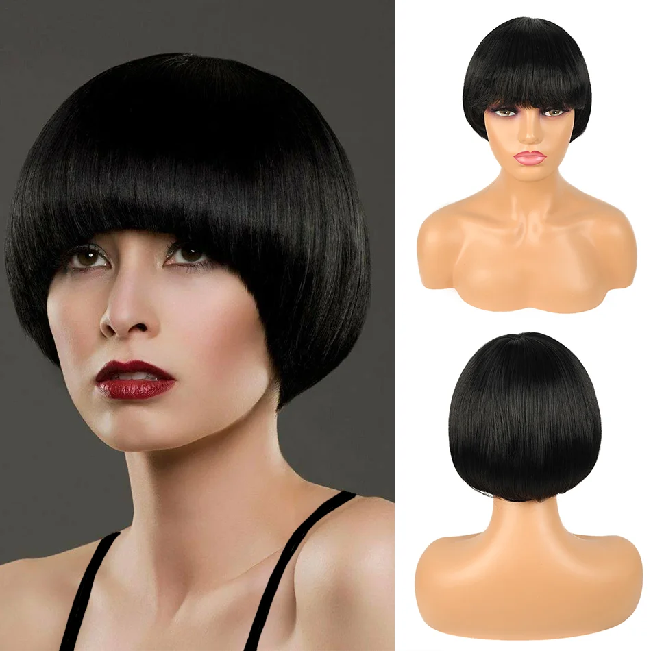 

Synthetic Short Mushroom Bob Wig with Bangs 8inch Black Synthetic Hair Wig for Women Daily Use