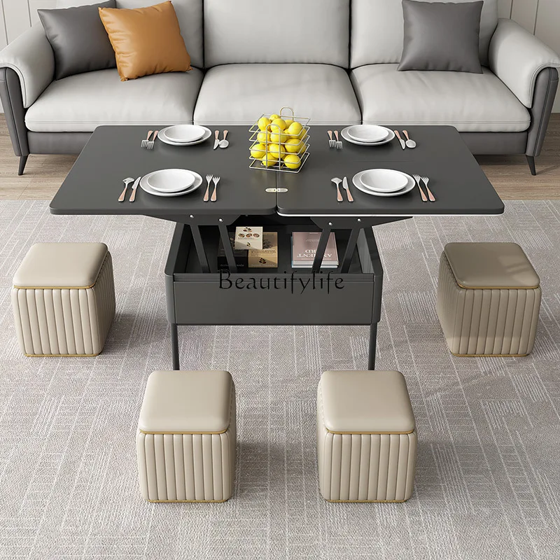 

01 Rock slab folding coffee table dual-purpose dining table simple living room multi-functional mobile retractable coffee table