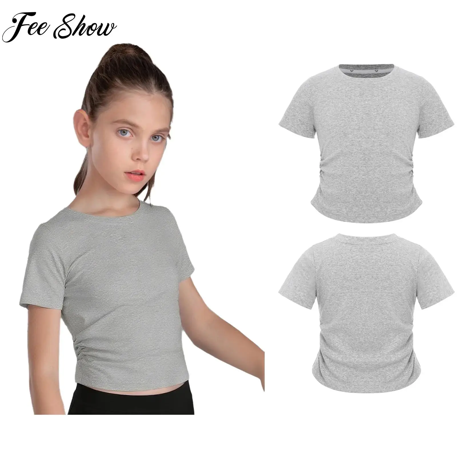 

Kids Fashion Ruched Waist T-shirt Girls Hip-Hop Dance Costume Short Sleeve Round Neck Athletic Top Skateboarding Sports Yoga Top
