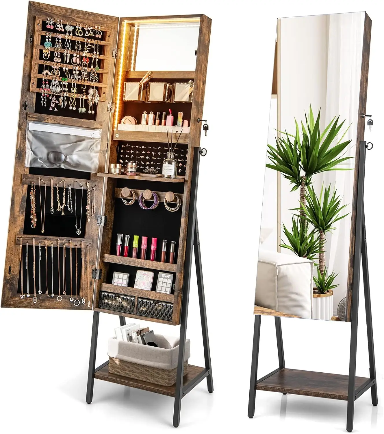 

Напольный шкаф-витрина для украшений с зеркалом в полный рост, запирающимся отделением, подсветкой, складным подносом и местом для хранения