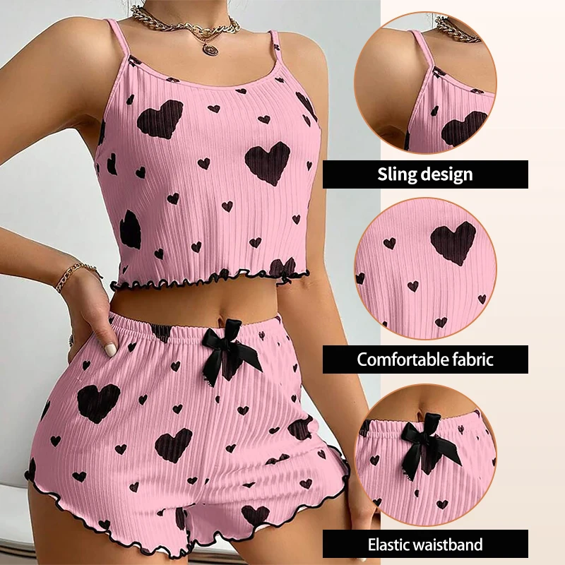 Ladies\' Summer Two-Piece Printed Ice Silk Suspender Pajama Set with Heart-Shaped Printed Bow Decoration Pajama Set