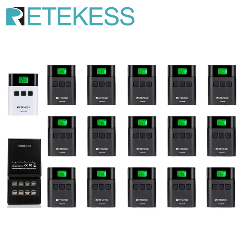 Retekess TT122 Wireless Tour Guide System Transmitter+15 Receiver+ Charger Base For Church Excursion Meeting Factory Training