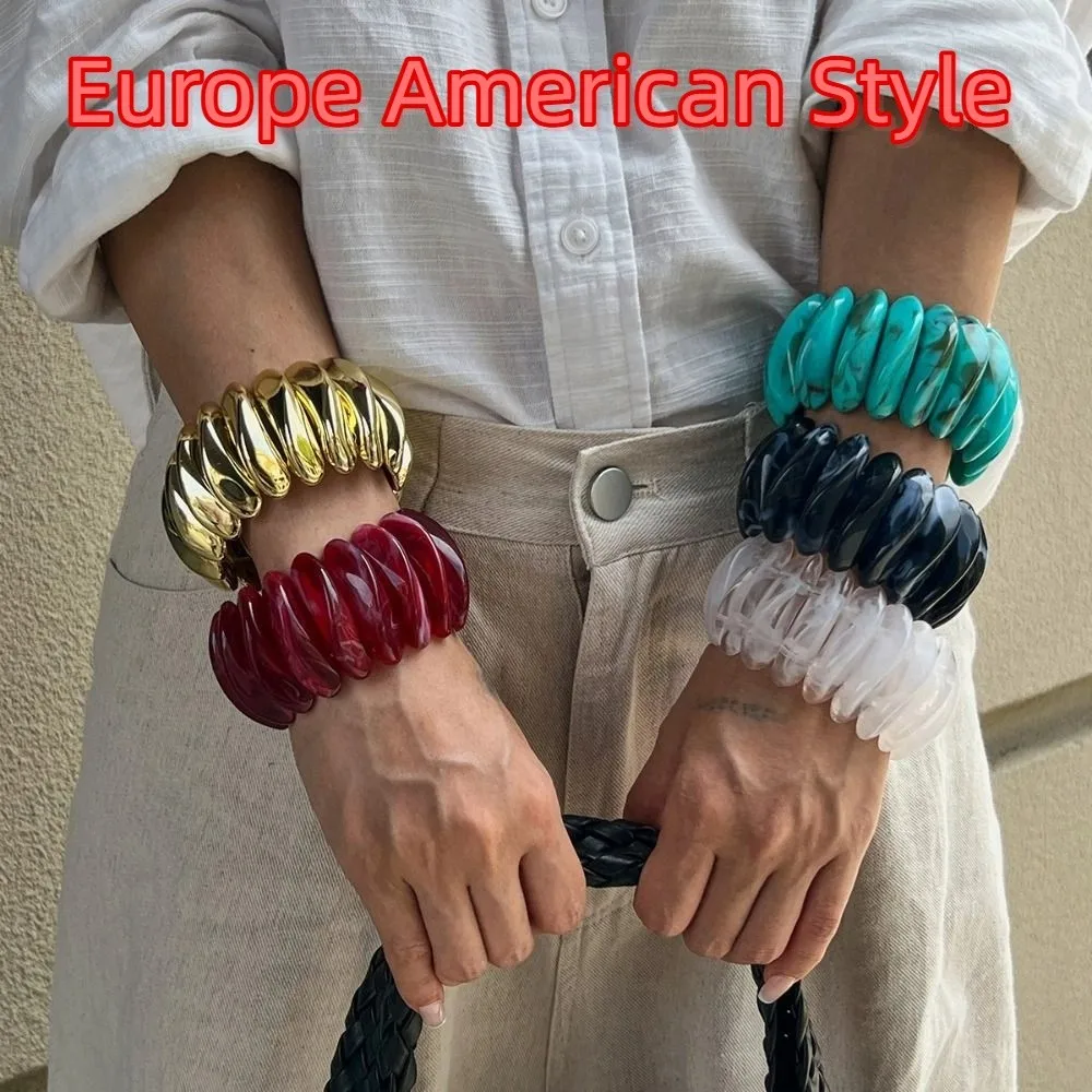 

Exaggerated Europe Style Retro Resin Wide Sided Elastic Rope Bracelet Rectangle Irregular Bangle Women Jewelry Accessories