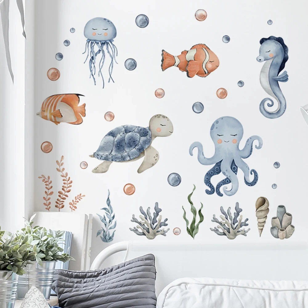 Cartoon Blue Ocean Sea World Clownfish Octopus Turtle Hippocampus Wall Sticker Kids Room Bathroom Decor Decal Wallpaper Poster