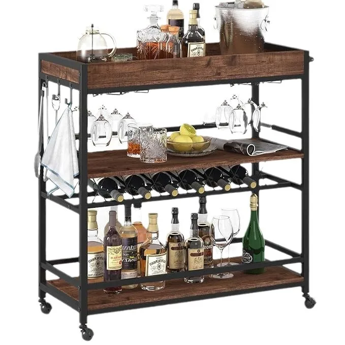 Hot-selling wrought iron home simple kitchen wine rack diagonal hanging household multi-function push dining cart wholesale