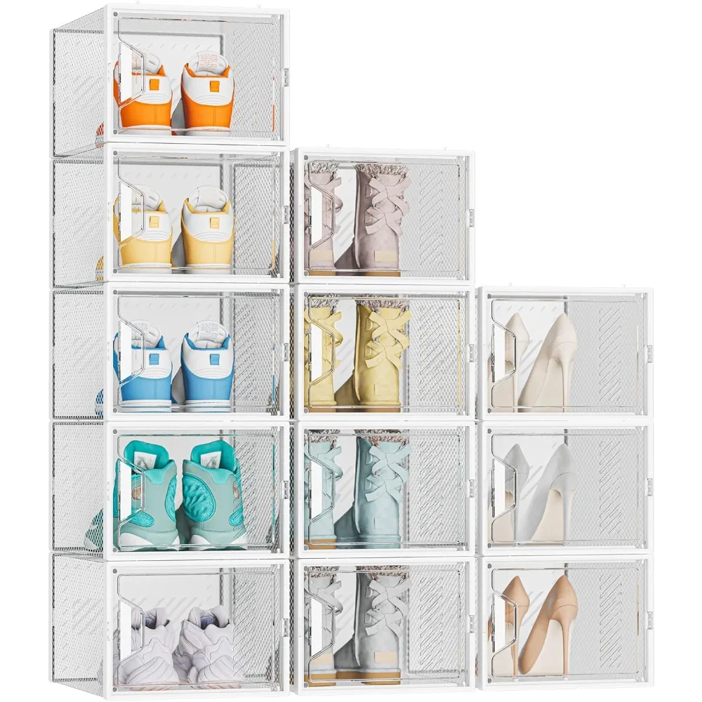 Shoe Organizer, 12 Pack Storage Shoe Organizer for Closet, Boxes Clear Plastic Stackable Storage Boxes