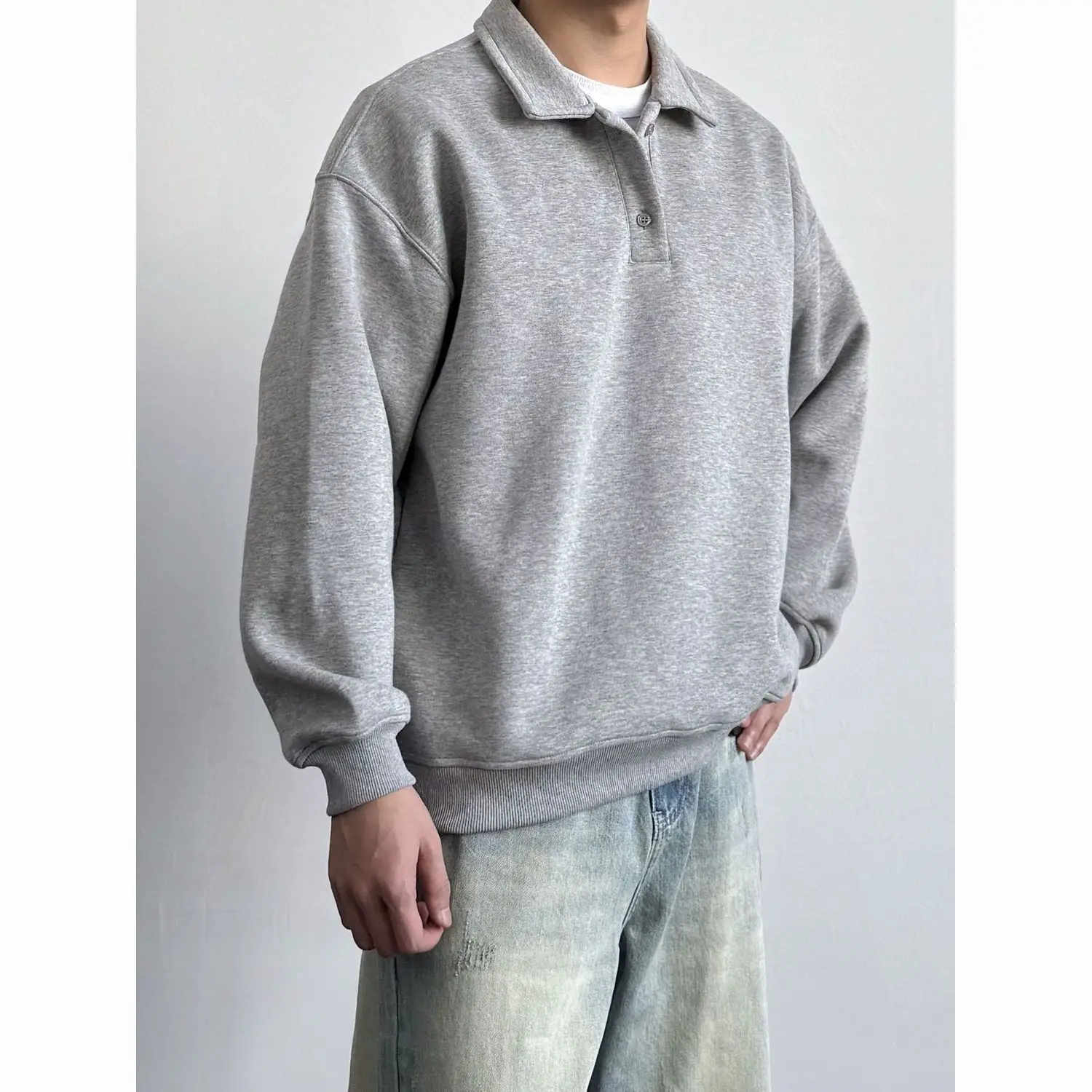 Spring Autumn Men's  Collar Sweatshirt Loose Casual Daily Pure Color Top Comfortable Polyester Fabric Long Sleeve Shirt