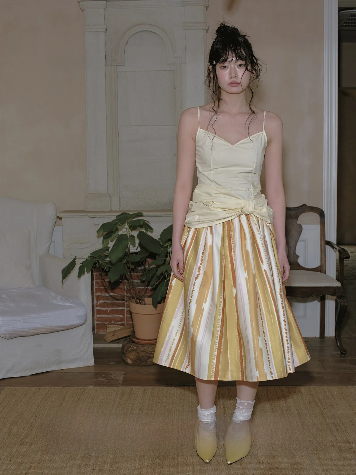 

Желтый топ с плиссированными бретелями ручной работы, женский, приталенный, из хлопка, летний, однотонный, для повседневной носки