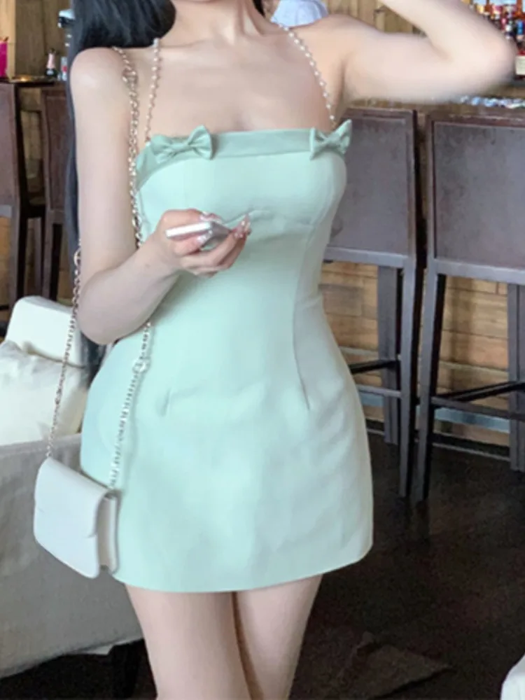 Ezgaga Mini Dresses Women Sleeveless Bowknot Chain Backless Spring Summer Slim French Style Elegant Dress Sweet Sexy Ladies