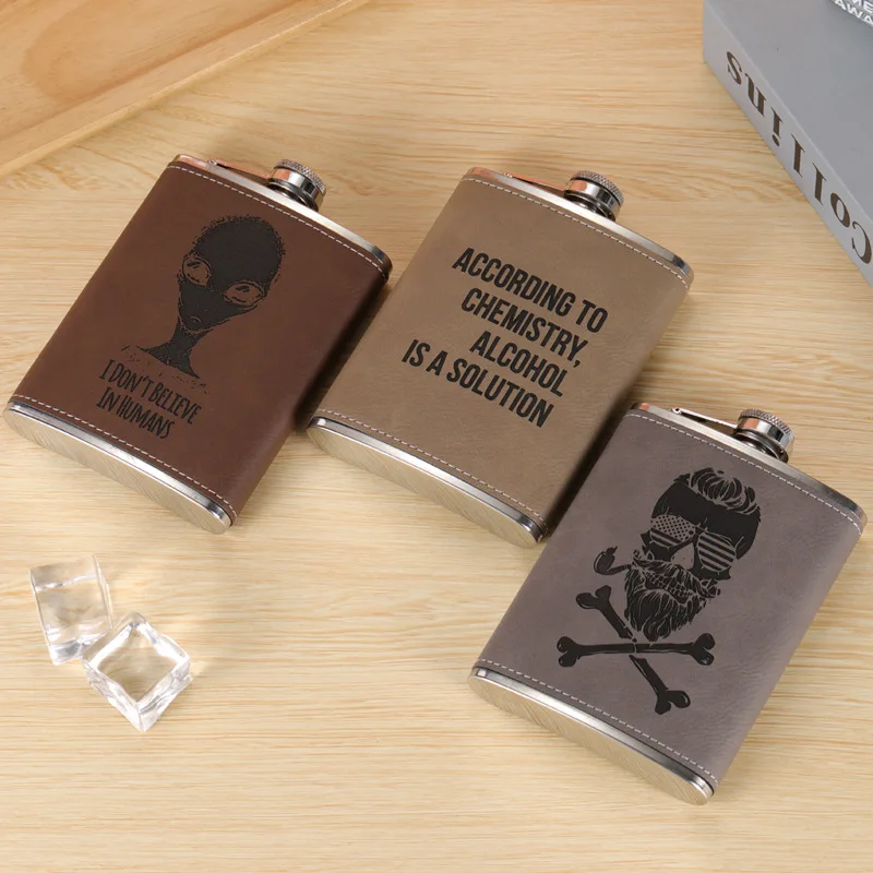 

8oz oz 304 stainless steel wine jug, portable wine bottle, PU leather sheath cover