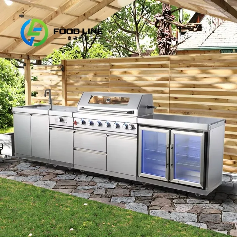 

Современный роскошный уличный кухонный гарнитур 2026 года с барбекю и холодильником для дома и сада, гриль для барбекю на открытом воздухе, индивидуальная сборка