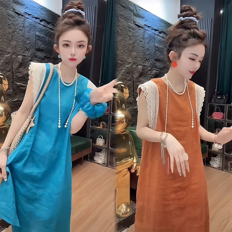 Retro Age Reducing Little Flying Sleeve Dress for Women's Summer 2025 New Fashion Lace Splicing Loose Tank Top Skirt