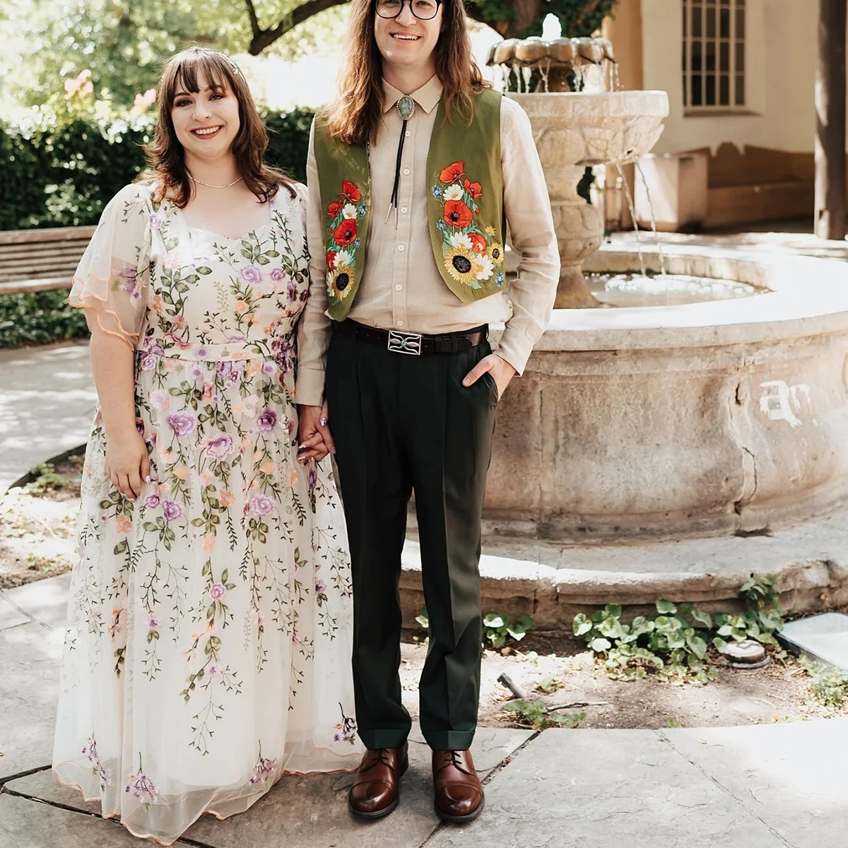 Flutter Sleeves Colorful A Line Oversized Bridal Dress Customized A Line Embroidered Floral Closed Back Unique Wedding Gowns