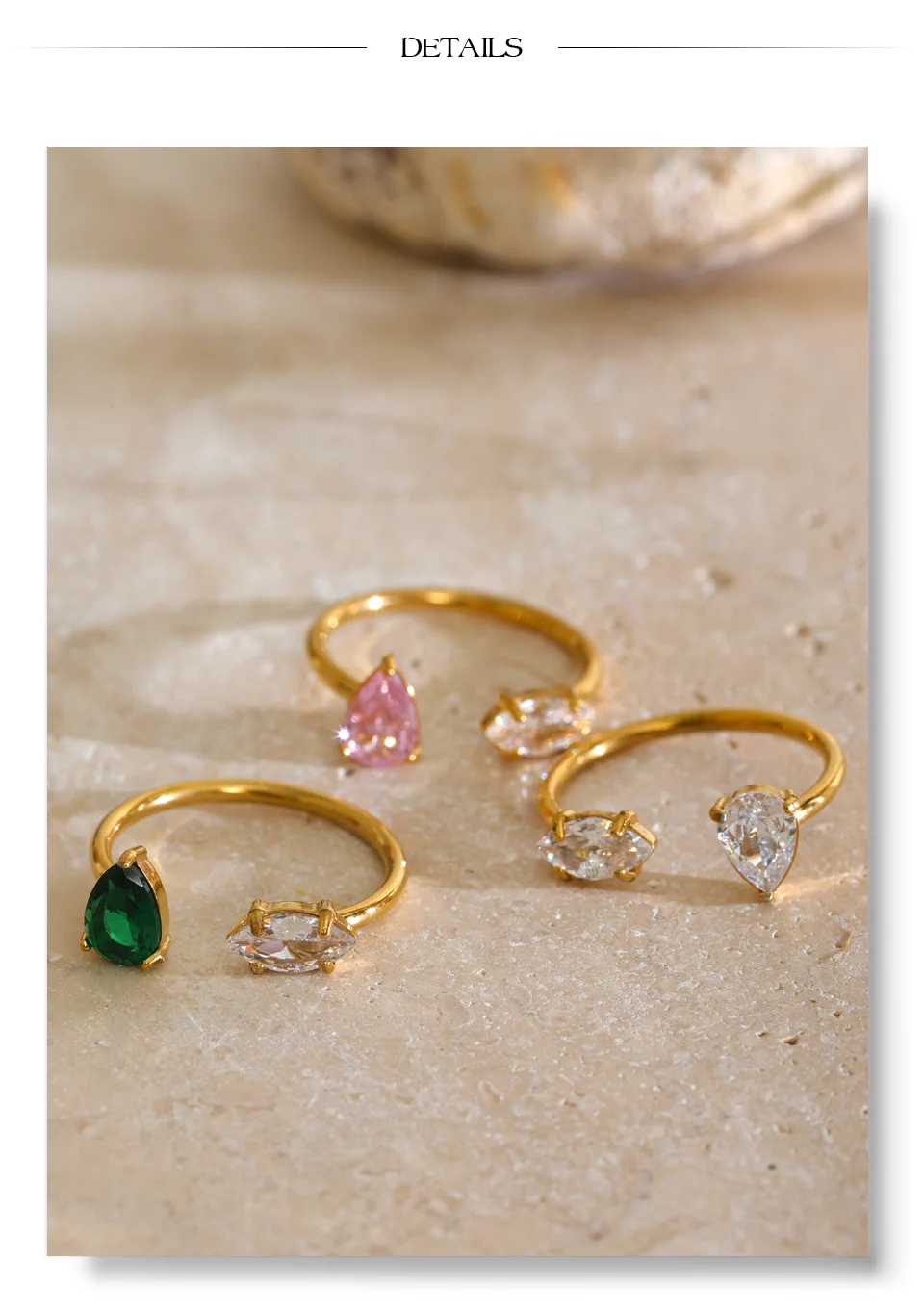 Yhpup Edelstahl-Tropfenring mit Kubischem Zirkonia, Antiallergisch, Zierlich, Beliebte Neuheiten, Größenverstellbarer Schmuck – Detail 7