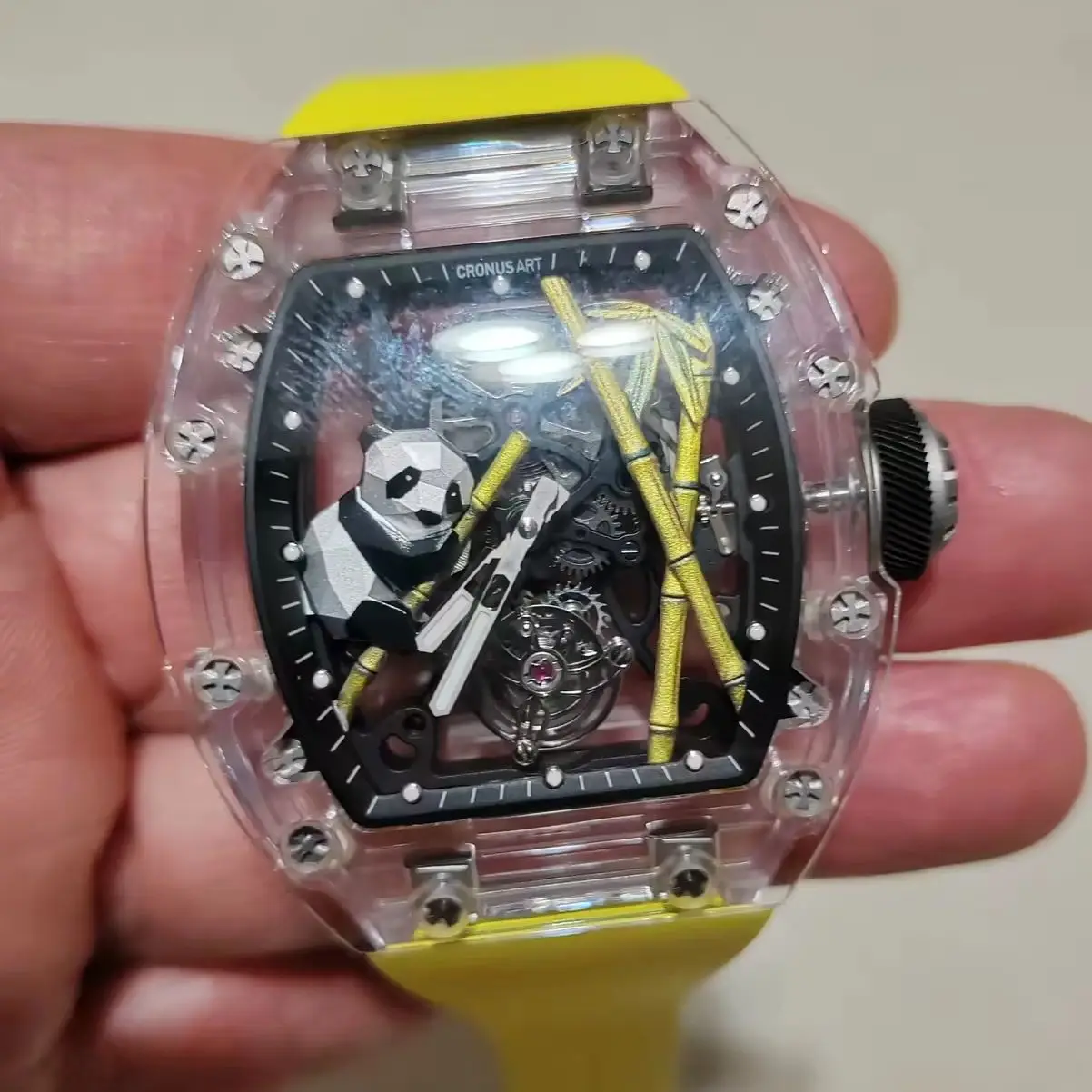 CRONUSART Men Tourbillon Watch 50mm Tonneau Mechanical Wristwatch Sapphire Case & Mirror Skeleton Panda Dial Fluororubber Strap