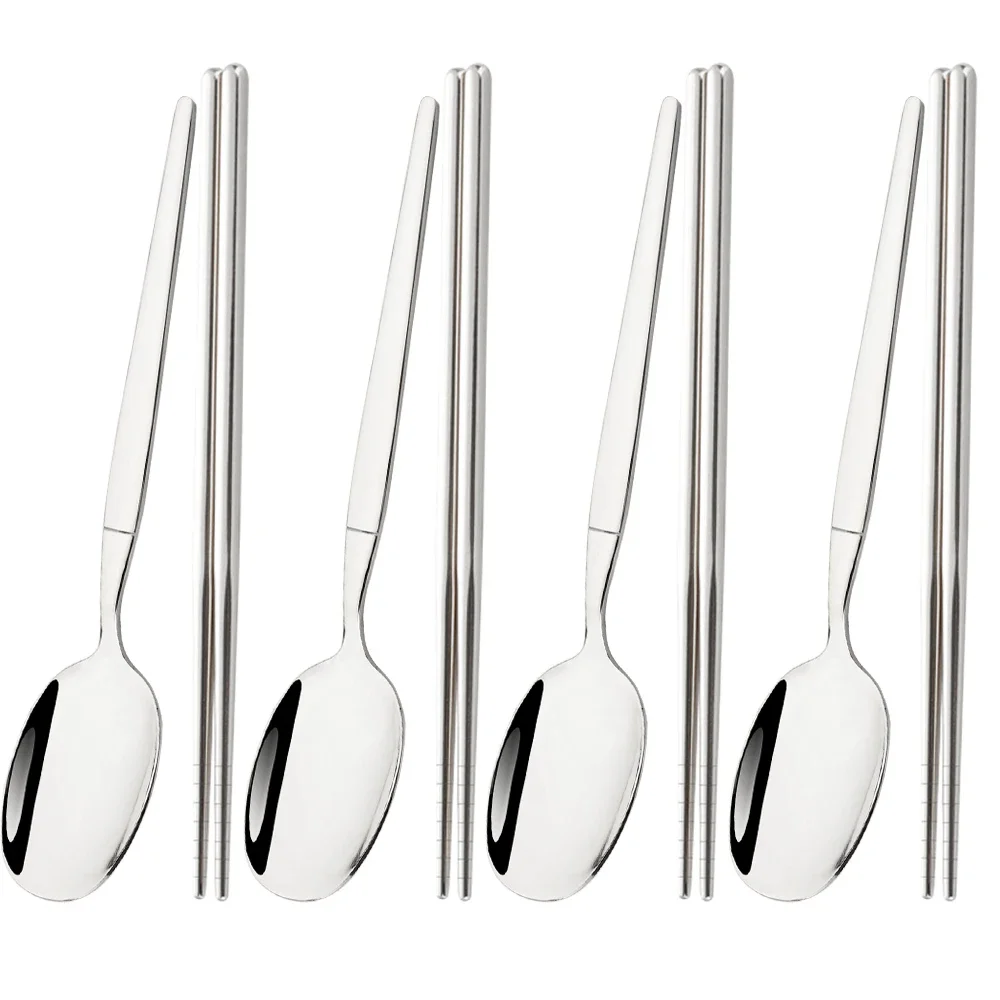 8Pcs Spoon Sushi Chopsticks Tableware Set Silver Stainless Steels Dinner Cutlery Set Western Dinnerware Kitchen Flatware Set