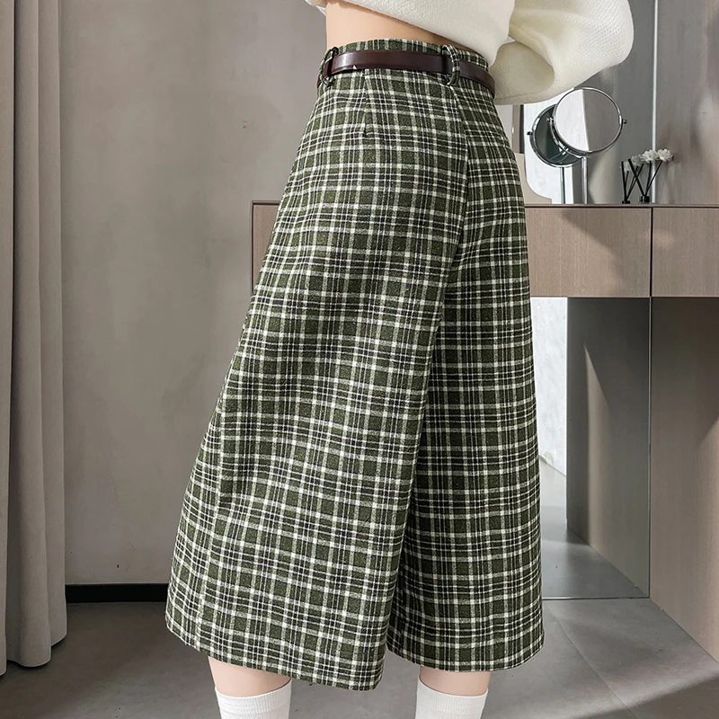 Vintage Plaid Capris Pants Women Autumn Winter Thick Woolen Pants High Waist Wide Leg Fashion Casual Boot Pants Female with Belt