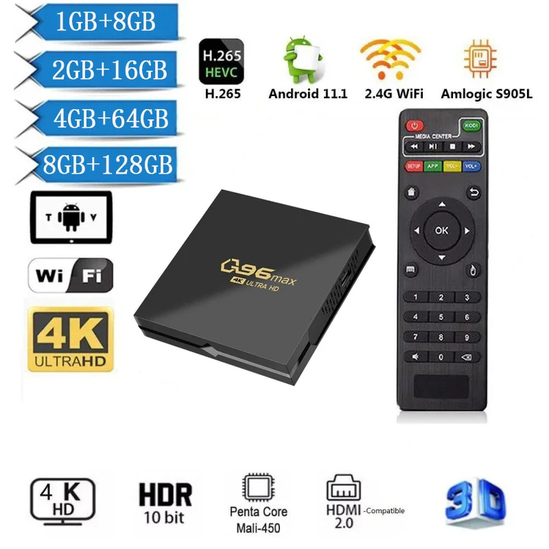 

Genuine Q96 MAX Smart TV Box Android 11 Amlogic S905 Quad Core 2.4G WiFi 4K HD Set Top Box Media Player H.265 8G128G TV Box