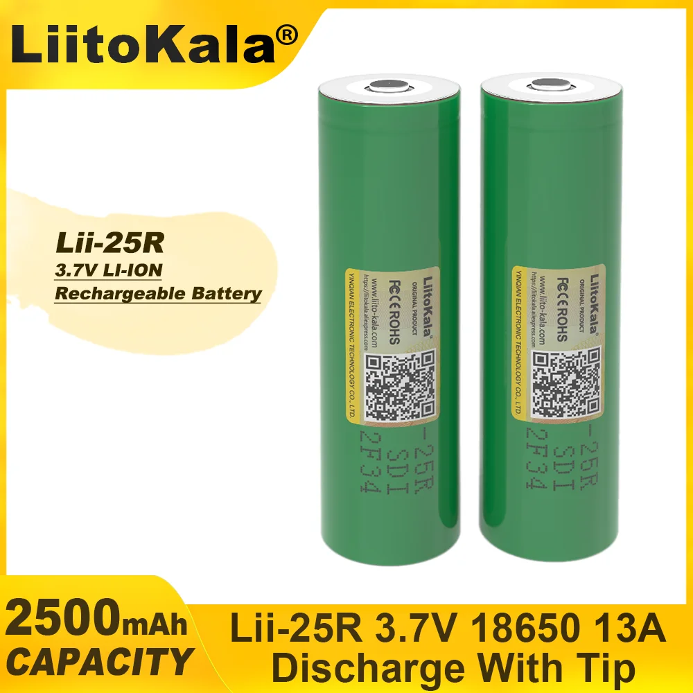 LiitoKala Rechargeable Lithium Battery, High Capacity Nickel Battery, DIY, Lii-25R, 18650, 3.7 V, 2500mAh pointed