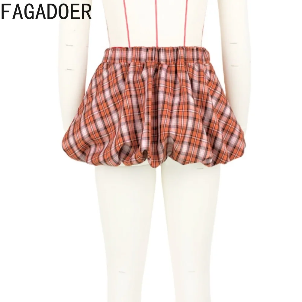 FAGADOER Y2K Sweet Plaid Bubble Puffy Mini Skirts Women Fashion High Waist Ruched Skirts Hot Girl Street Wear Basic Bottoms New