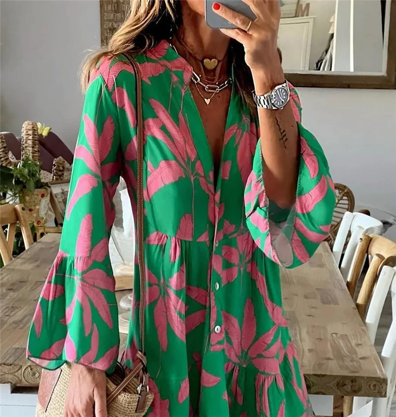 2023 Spring Summer New Women\'s Printed Dresses Long Sleeved Flare Sleeves Women\'s Mid-length Dresses Traf Official Store Dresses