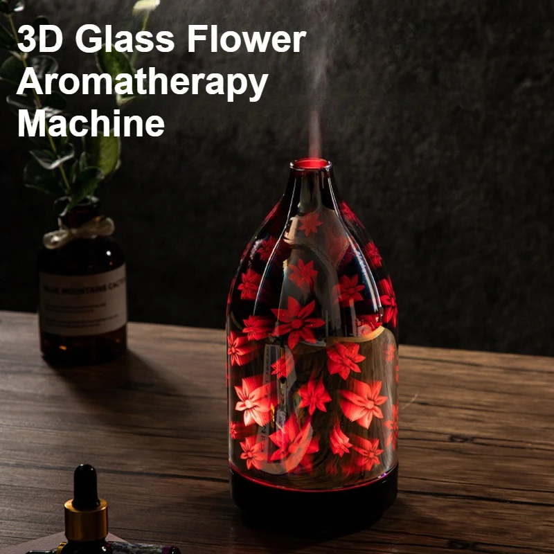 Creative 3D Glass Flower Pattern Humidification Aromatherapy Machine Colorful Light Aromatherapy Machine