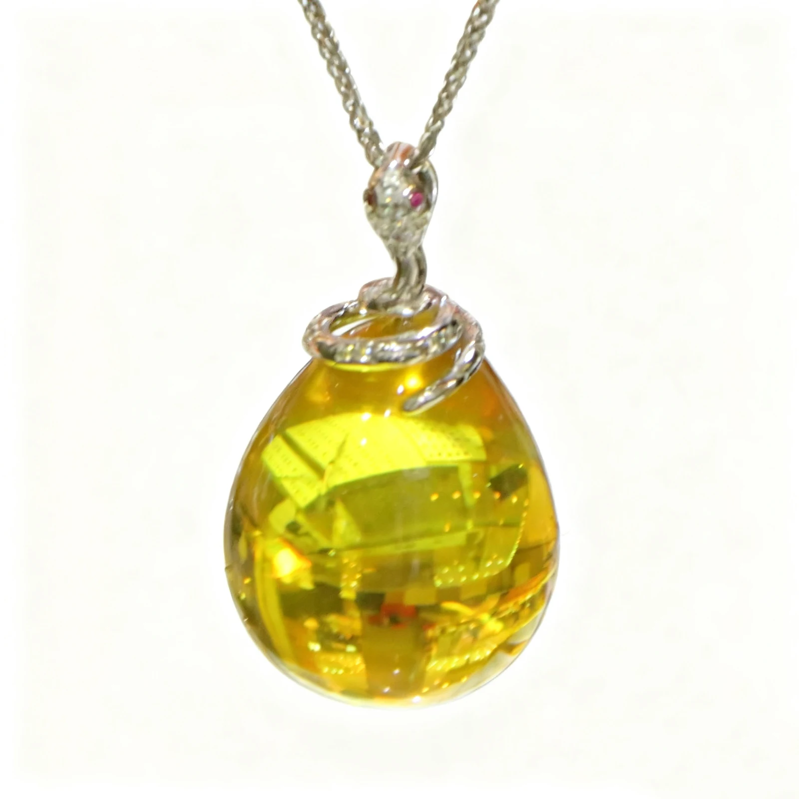 Natural Mexican Blue Amber Pendant Sterling Silver Snake Clasp Drop Shape 18.3mm Mysterious Guardian Gift for Her