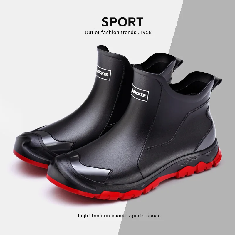 British Style Black Red Short Waterproof Rubber Boots Anti-Fouling Anti-Fatigue Rain Boots Outdoor Plus Size Mud Boots Men Women