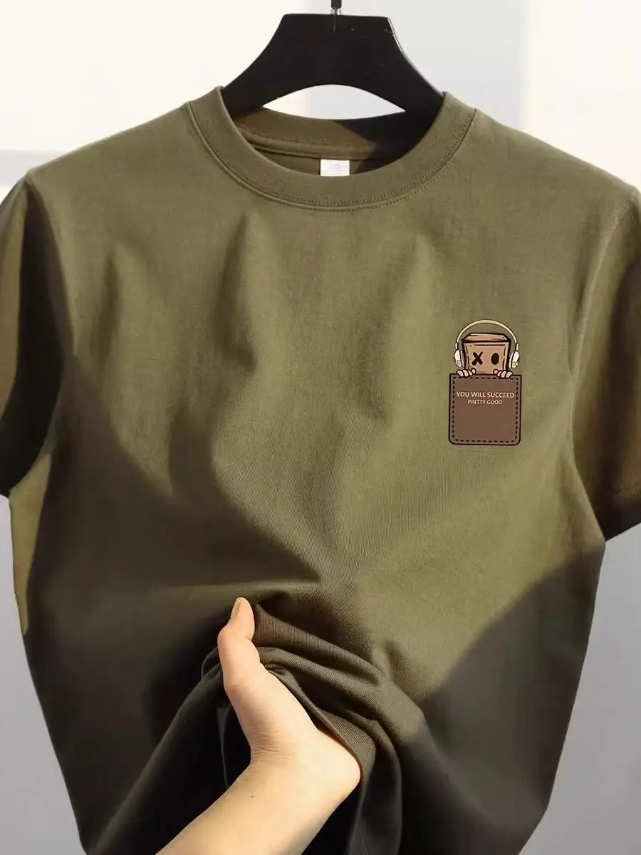 Retro Loose Fit Pure Cotton ort Sve T-irt ex Casual Top Korean Sle Printed Cotton Tee Men's Cut Label