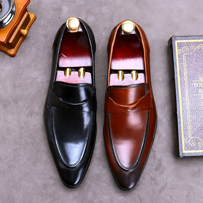 New British Retro Business Formal Leather Shoes Casual Genuine Leather Shoes Men\'s Wedding Shoes Shallow Slip-On Loafers for Men