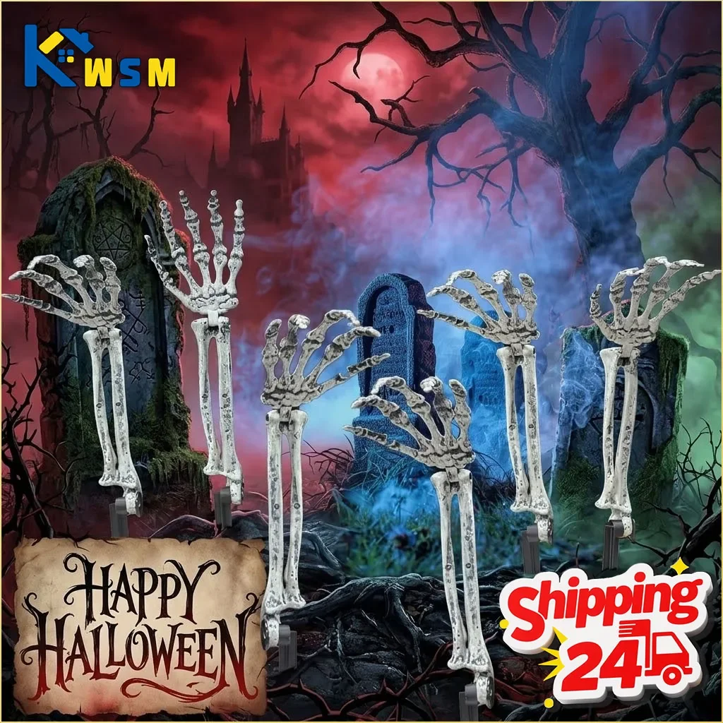 1-6PCS Halloween Ground Stake Skeleton Hand Bone Skull Spooky Decoration Prop for Outdoor Yard Haunted House Party Scene Decor