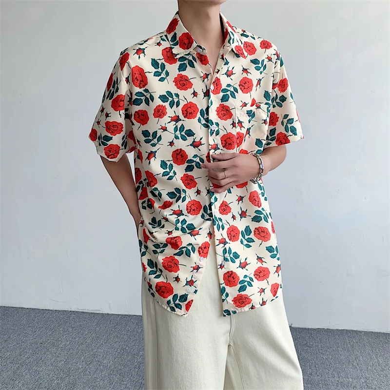 Summer Beach Shirt Male Floral Rose Printed Short-sleeved Casual Blouse Korean Trend Lovers Matching Button Up Shirt Tops