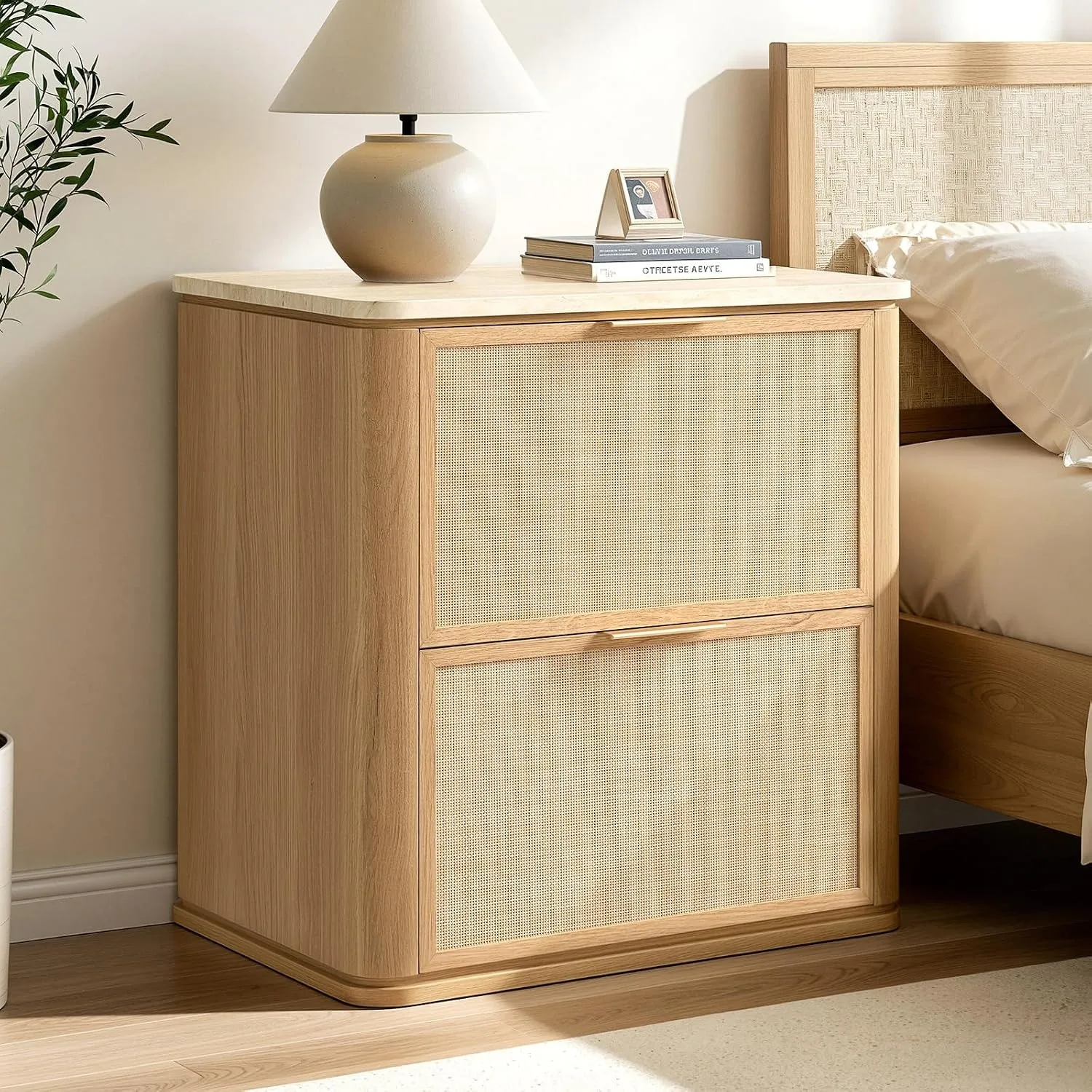 2PCS 23.11Inch Wide Boho Mid Century Rattan Nightstand With 2 Drawers Faux Apartments Marble Top Bedroom Bedside Table Custom