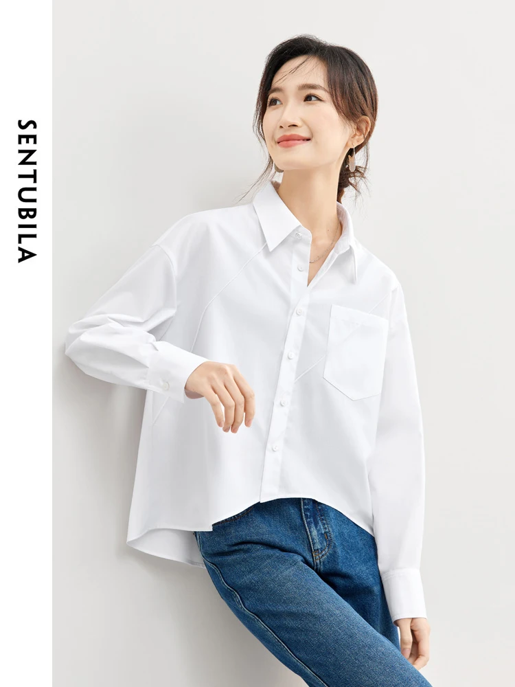 SENTUBILA Polo Collar Button Up Women\'s Shirt 2024 Spring Loose Irregular Hem Blouse Long Sleeve Shirts & Blouses 141C53299