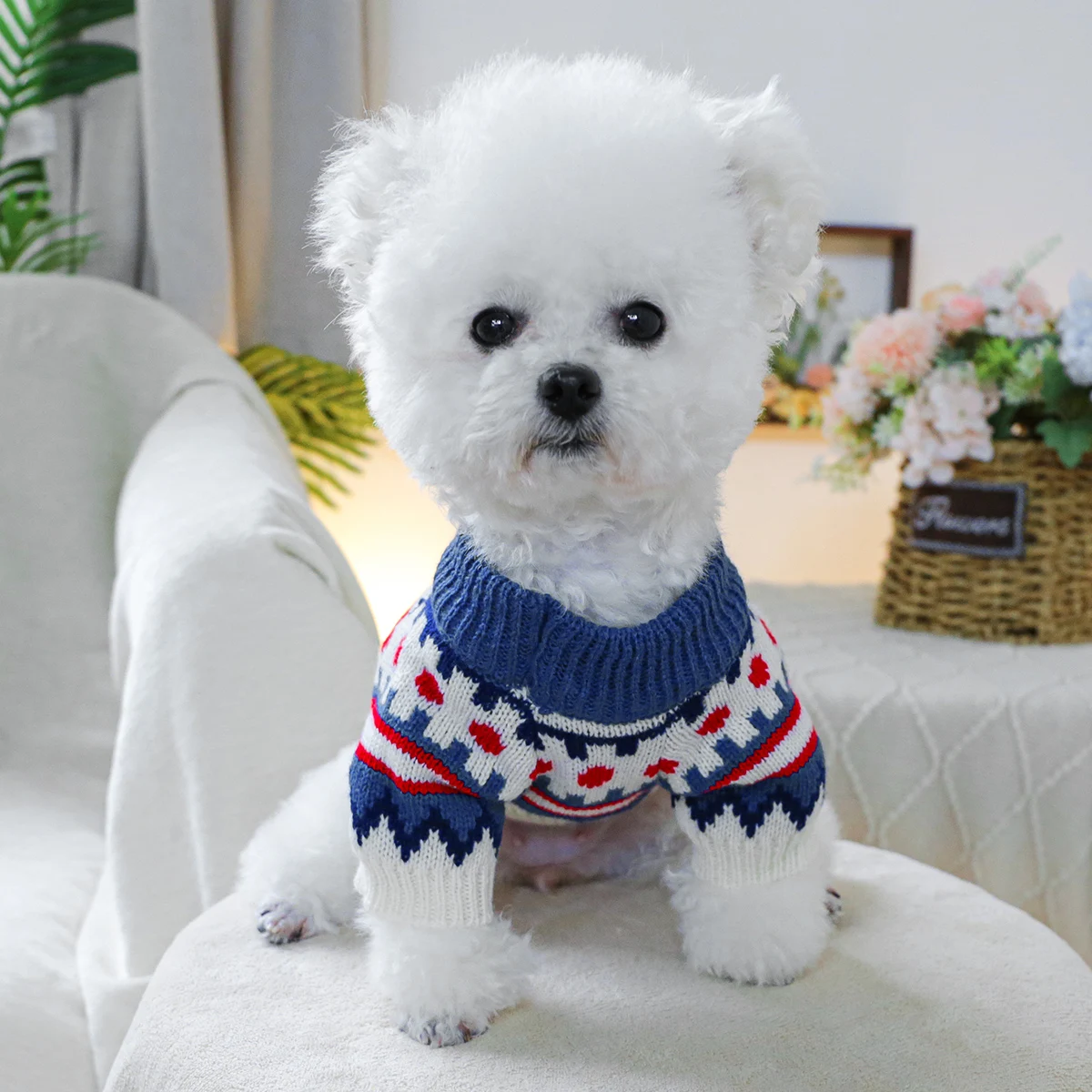 1PC pet clothing Fer Island blue sweater spring and autumn pullover knitted sweater suitable for small and medium-sized dogs