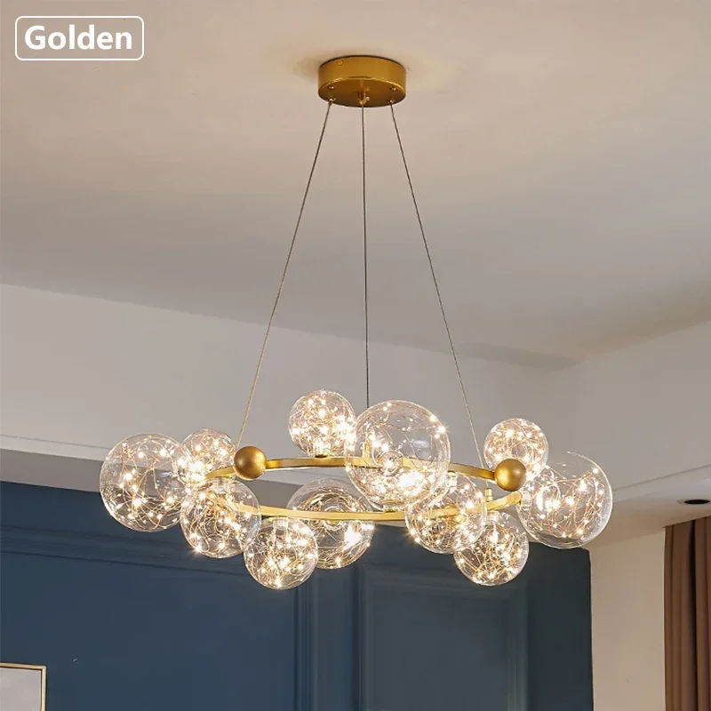 Nordic Ring Pendant Lamp Romantic Star Chandelier Round Long Glass Ball Hanging Light Dining Table Above Starry Sky LED Lights