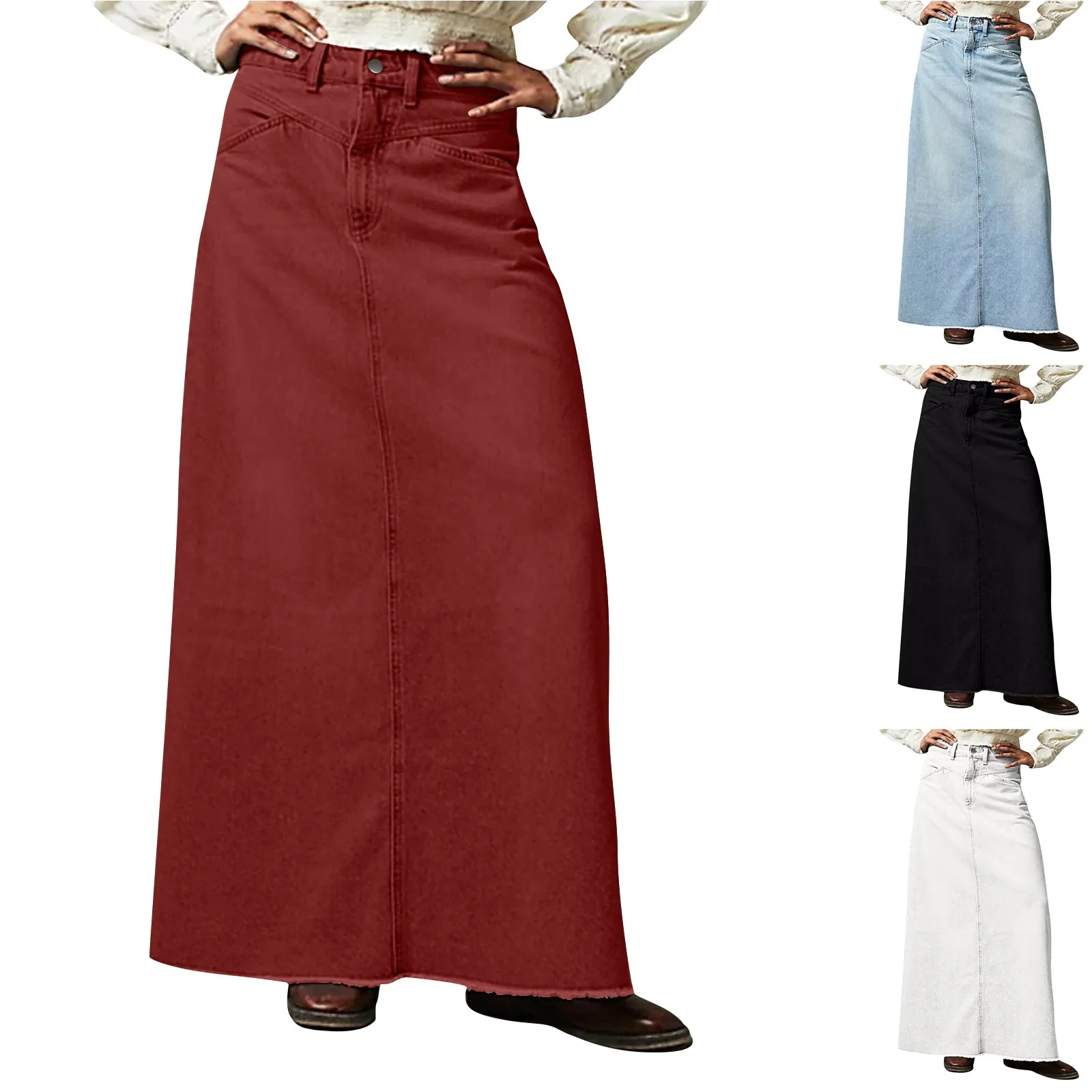 

New Sexy Washing High Waist Long Skirts Basics Casual Ankle Length Slim Fit Pockets Zipper Retro Skirts For Lady
