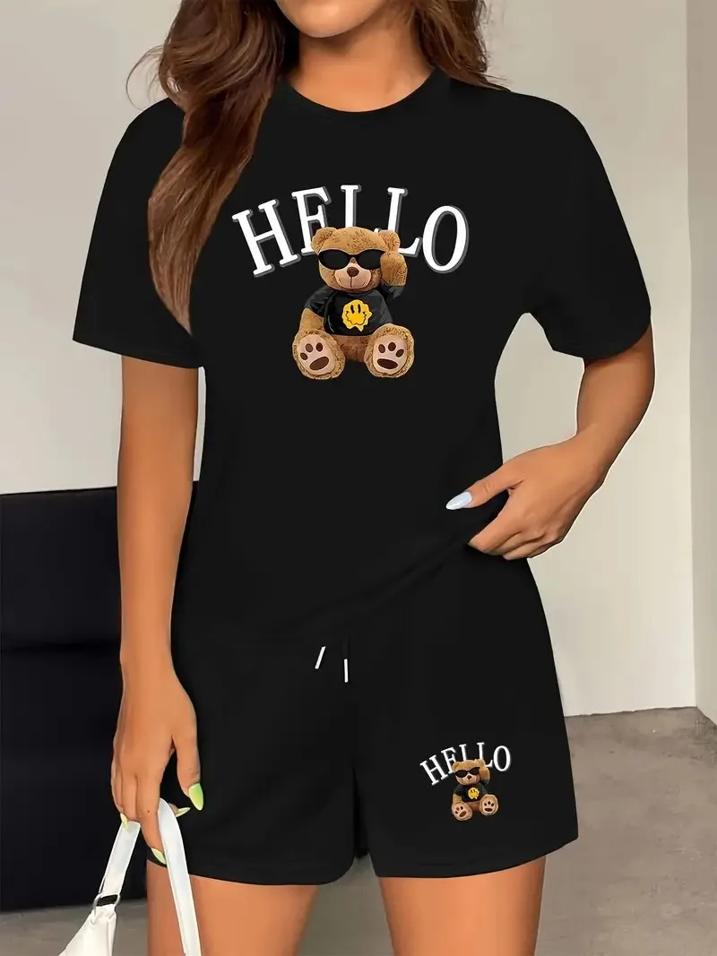 

Christmas, Hello Bear Print Sports 2-piece set, women's crew neck T-shirt and drawstring shorts for everyday wear and exercise