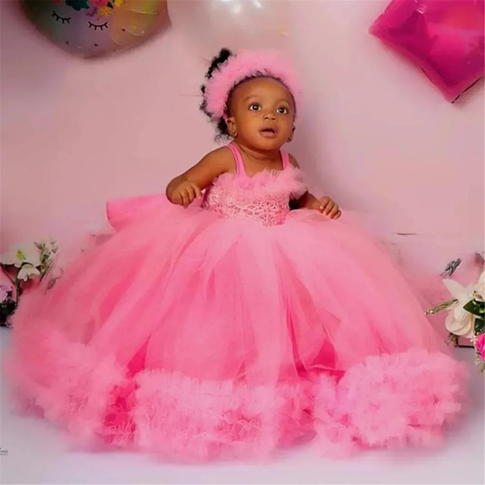 Luxury Pink Ruffles Flower Girl Dresses Customized Bow Lace Princess Baby Girls First Birthday Party Pageant Dress For Wedding