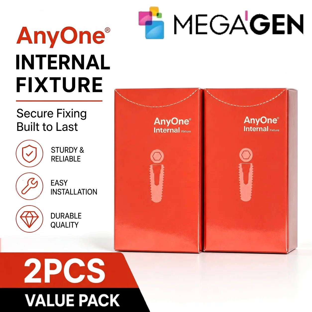 2PCS MegaGen AnyOne Internal Hex Implant, Hydrophilic Surface, Titanium Alloy Fixture for Immediate & Delayed Loading