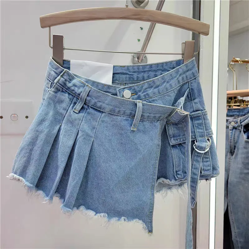 Denim Shorts for Women Streetwear 2025 Spring and Summer New Fashion and Versatile High Waist Irregular Pleated Skirt Half Pants