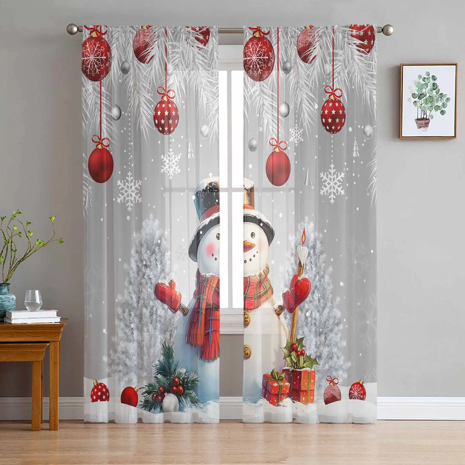 

Christmas Snowman Pine Leaves Christmas Ball Tulle Curtains for Living Room Decor Modern Chiffon Sheer Voile Christmas Curtains