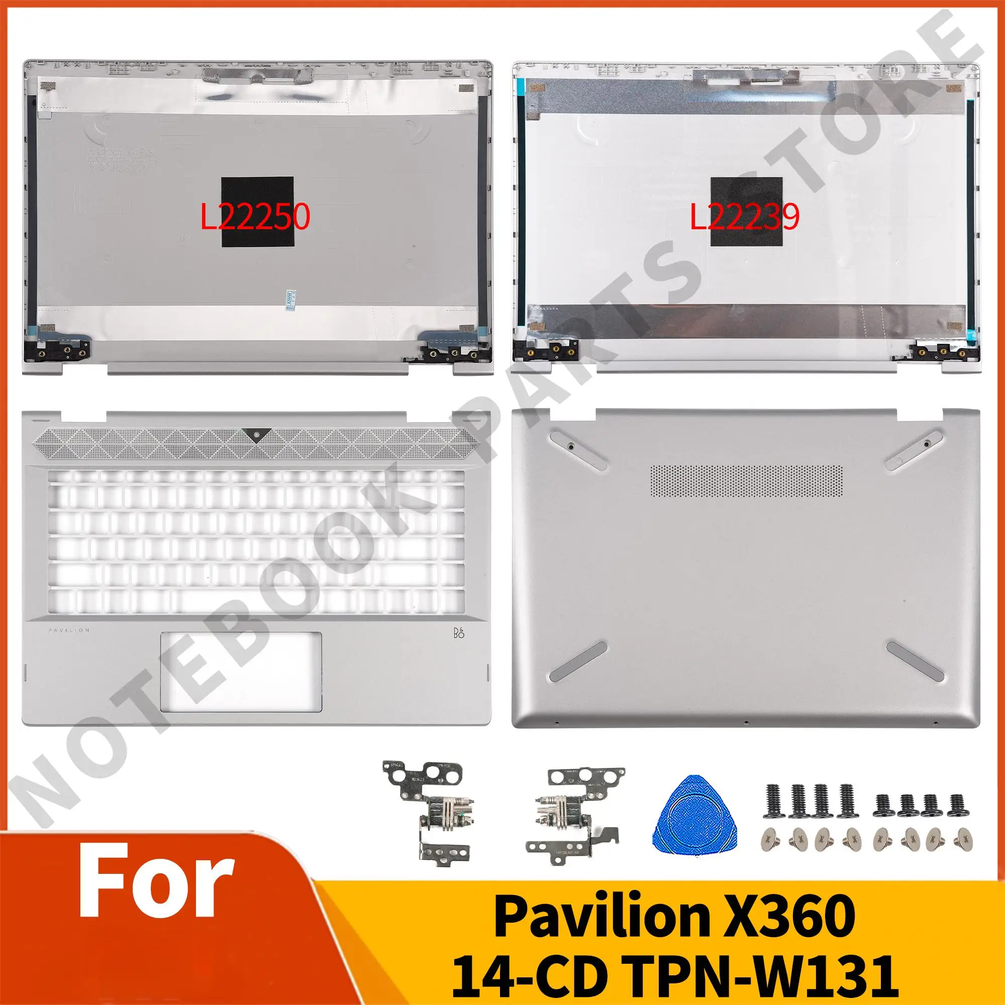 

New LCD Back Cover For Pavilion X360 14-CD TPN-W131 Original Lid Top Case Palmrest Bottom Hinges Silver L22250/L22239-001